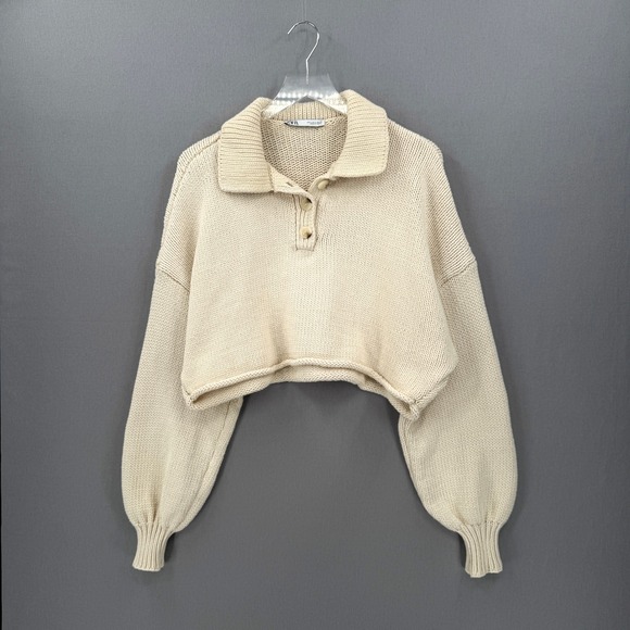 Zara Sweaters - ZARA Cropped Polo Sweater Women Small Cream Relaxed Balloon Sleeve Casual Collar